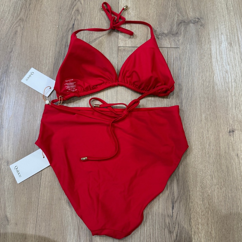 Quince Cherry Red Bikini Set Triangle Halter Top XL High Waisted Bottoms L NWT - Picture 6 of 6